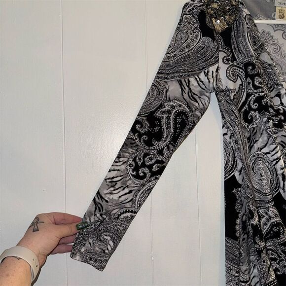 Cache‎ Women's M Black & White Paisley Faux Wrap Knee Length Dress Vintage - Picture 4 of 6